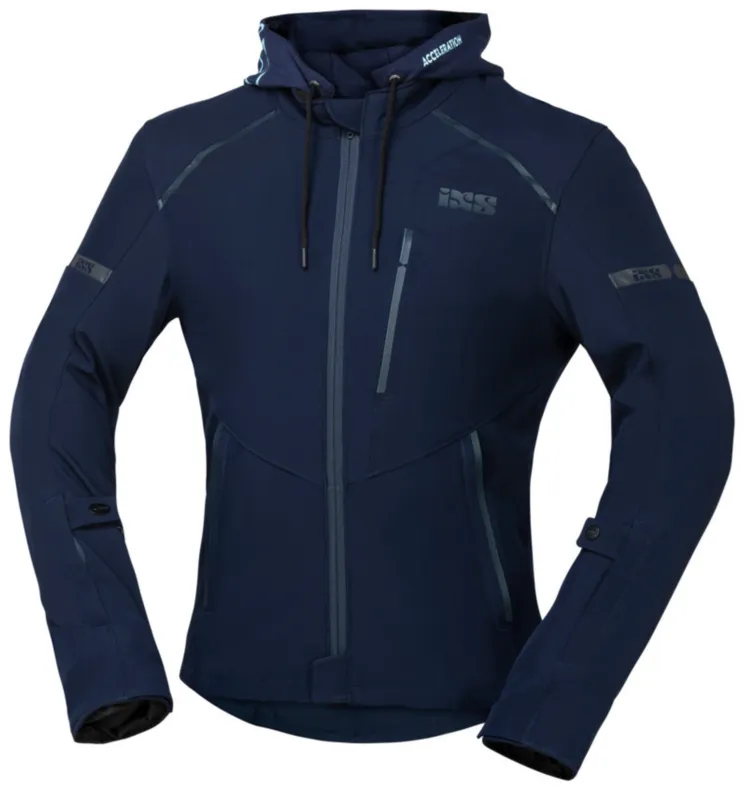 Novinka Pánská softshellová moto bunda iXS Classic SO Moto 2.0 – Modrá iXS-Stretch, odepínací kapuce a certifikace EN 17092-4 (A) - Velikosti 2XL