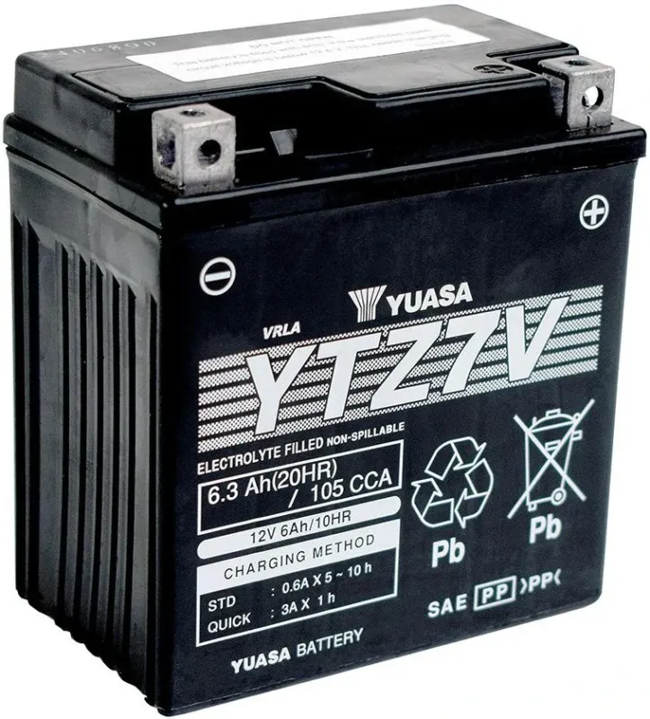 Nízká Cena Motocyklová baterie / motobaterie YUASA MF AGM YTZ7V, 6,3Ah, 105A, 12V rozměr 113x70x120 mm