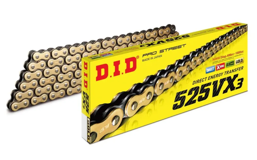 Must-Have VX série X-Kroužkový řetěz D.I.D Chain 525VX3 124 článků Zlatá/Černá